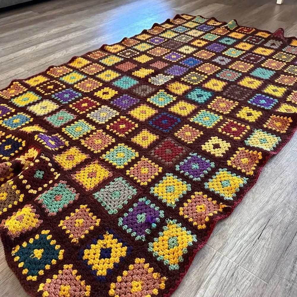 Vintage Crochet Granny Square Afghan Twin Bed Throw Blanket Multi-Color 41